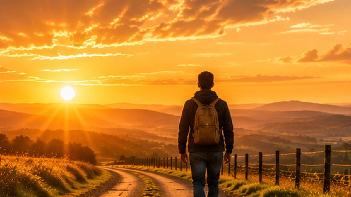 Um caminho iluminado pela luz do amanhecer, representando os diferentes momentos da jornada da vida