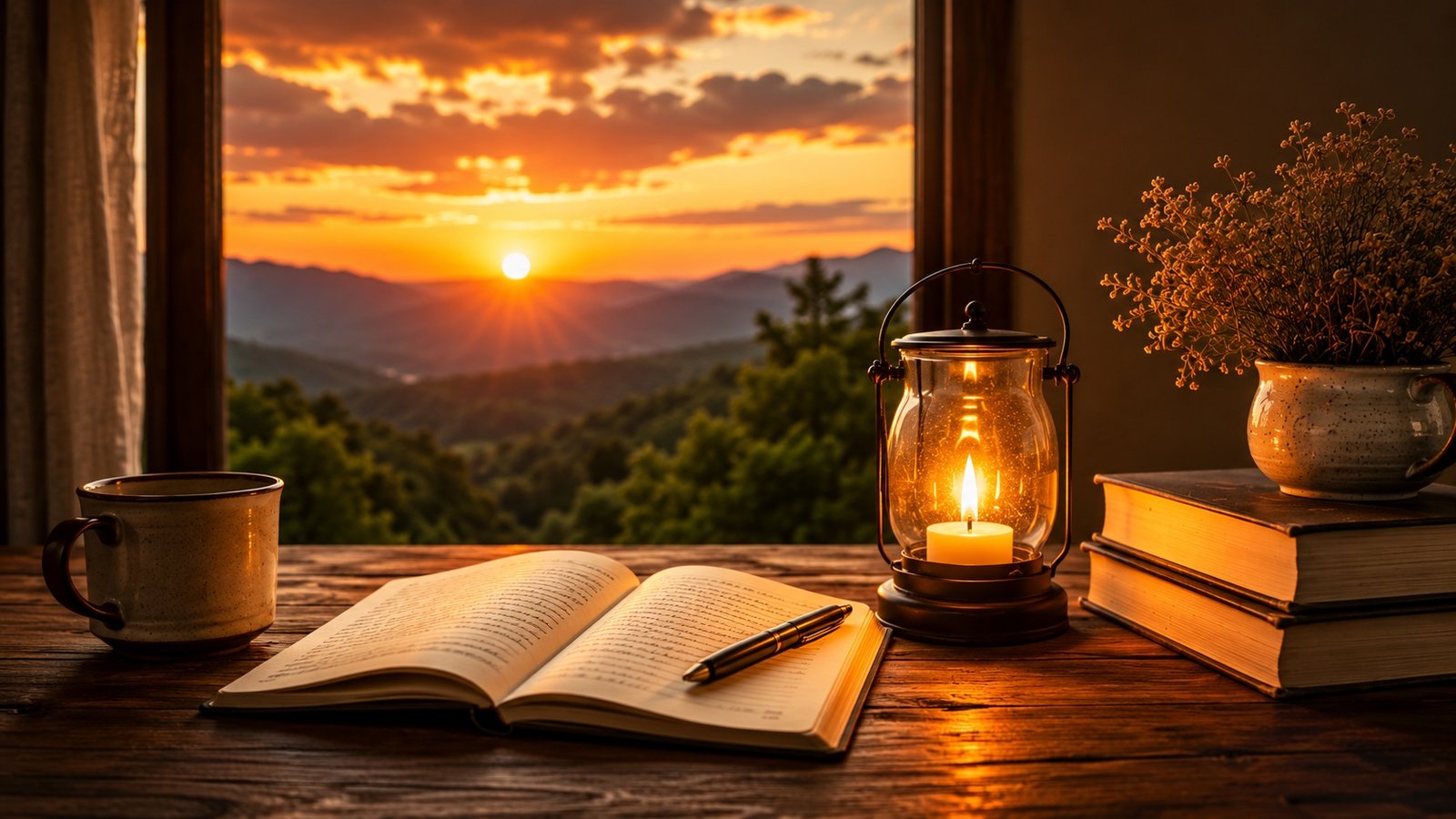 Uma luz suave ou chama em um ambiente contemplativo, representando aquilo que cultivamos dentro de nós