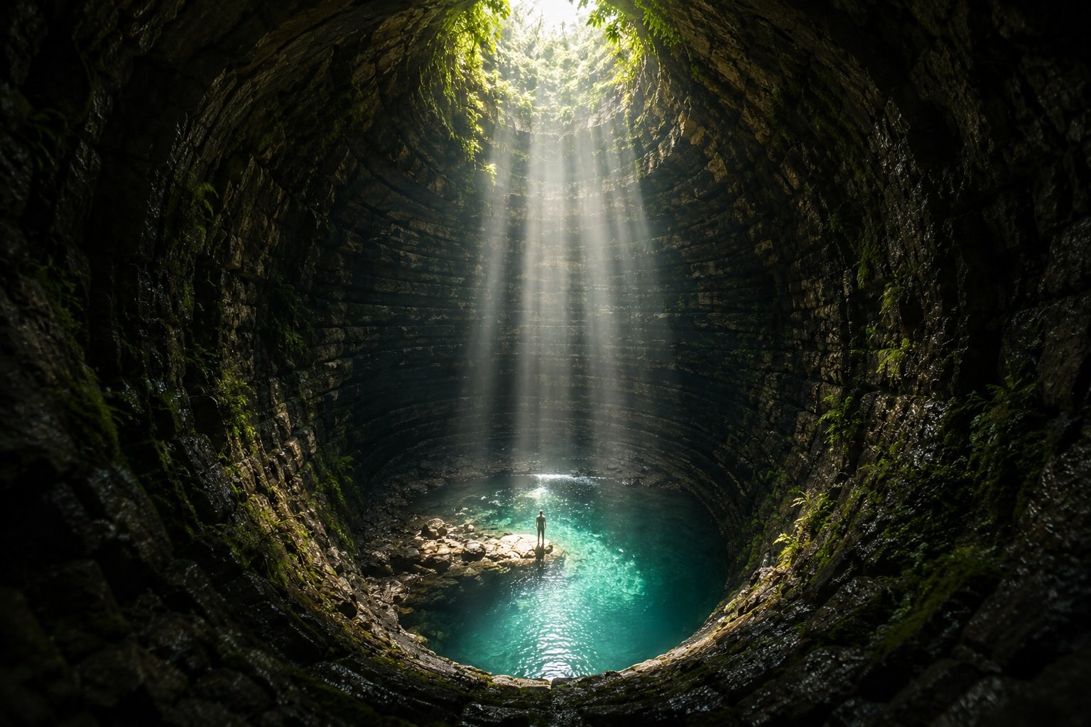 Pessoa diante da água encontrada na profundidade do poço, iluminada pela luz que vem de cima