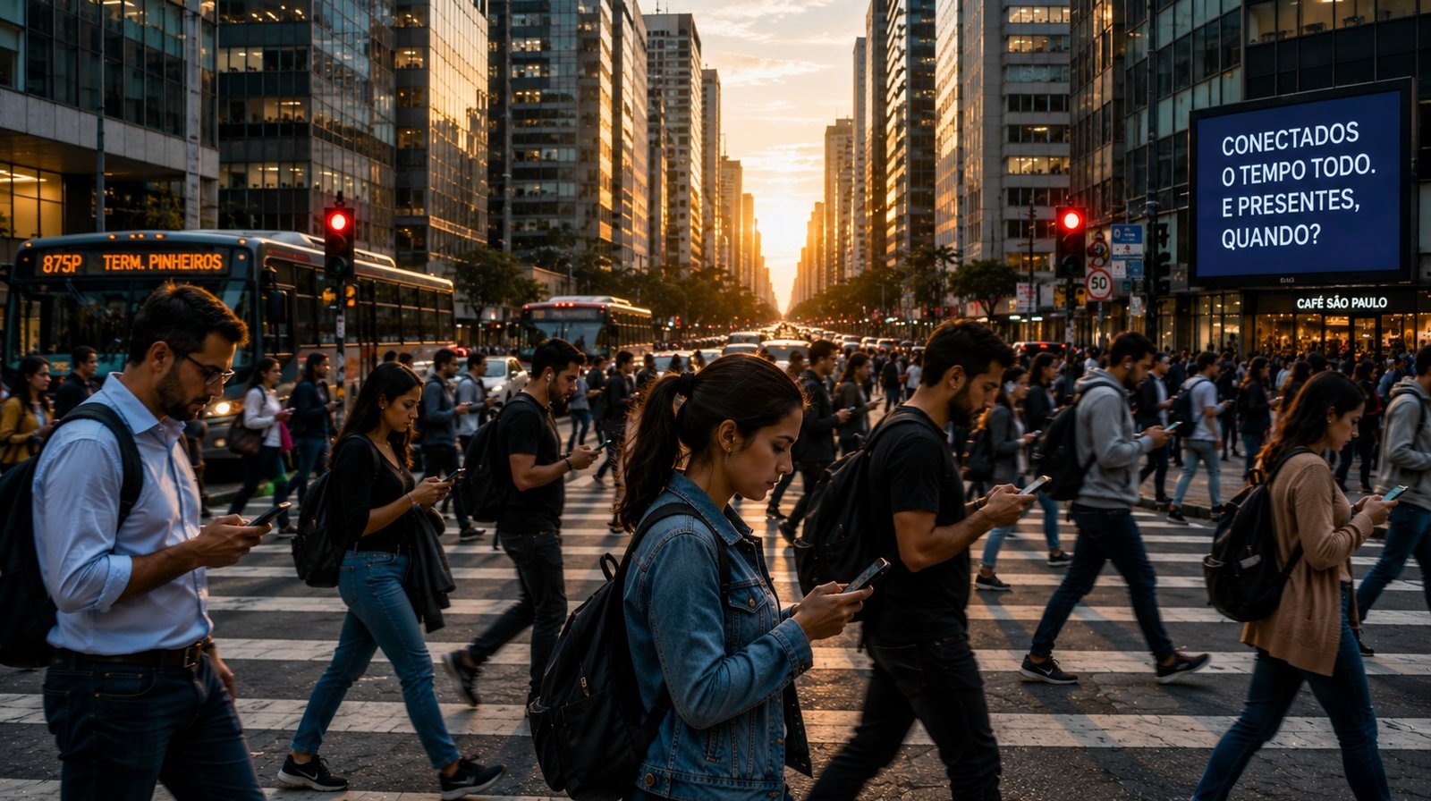 Pessoas conectadas aos celulares em meio ao movimento de uma grande cidade