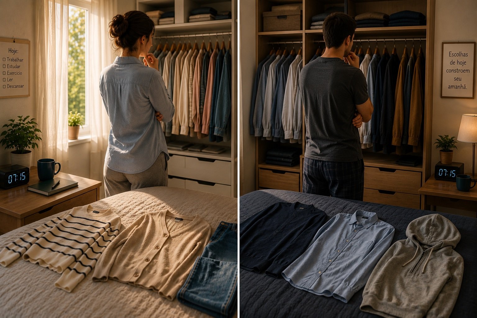 Duas pessoas diante do guarda-roupa refletindo sobre o que vestir