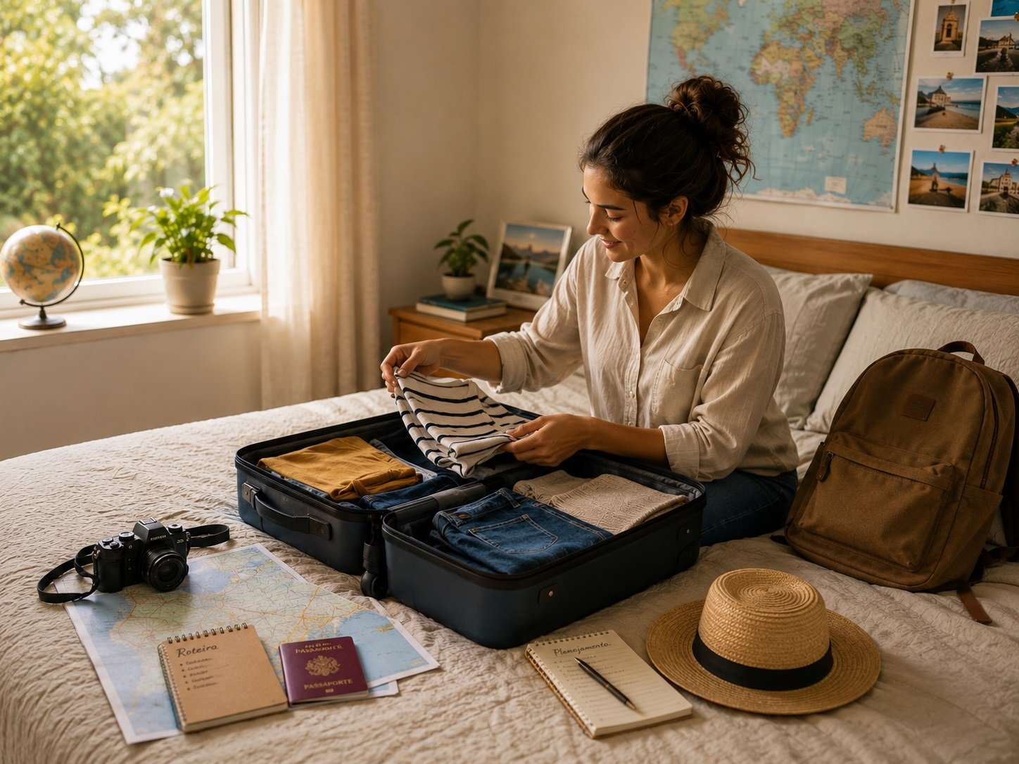 Preparação para uma viagem, representando a expectativa e a felicidade durante o processo