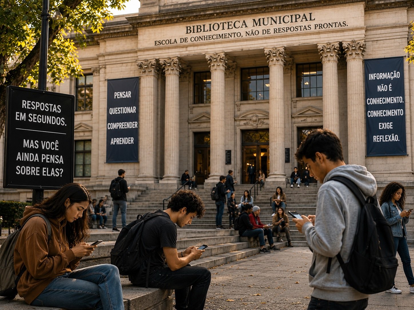 Pessoas buscando respostas no celular diante de uma biblioteca, representando o contraste entre acesso à informação e construção do conhecimento