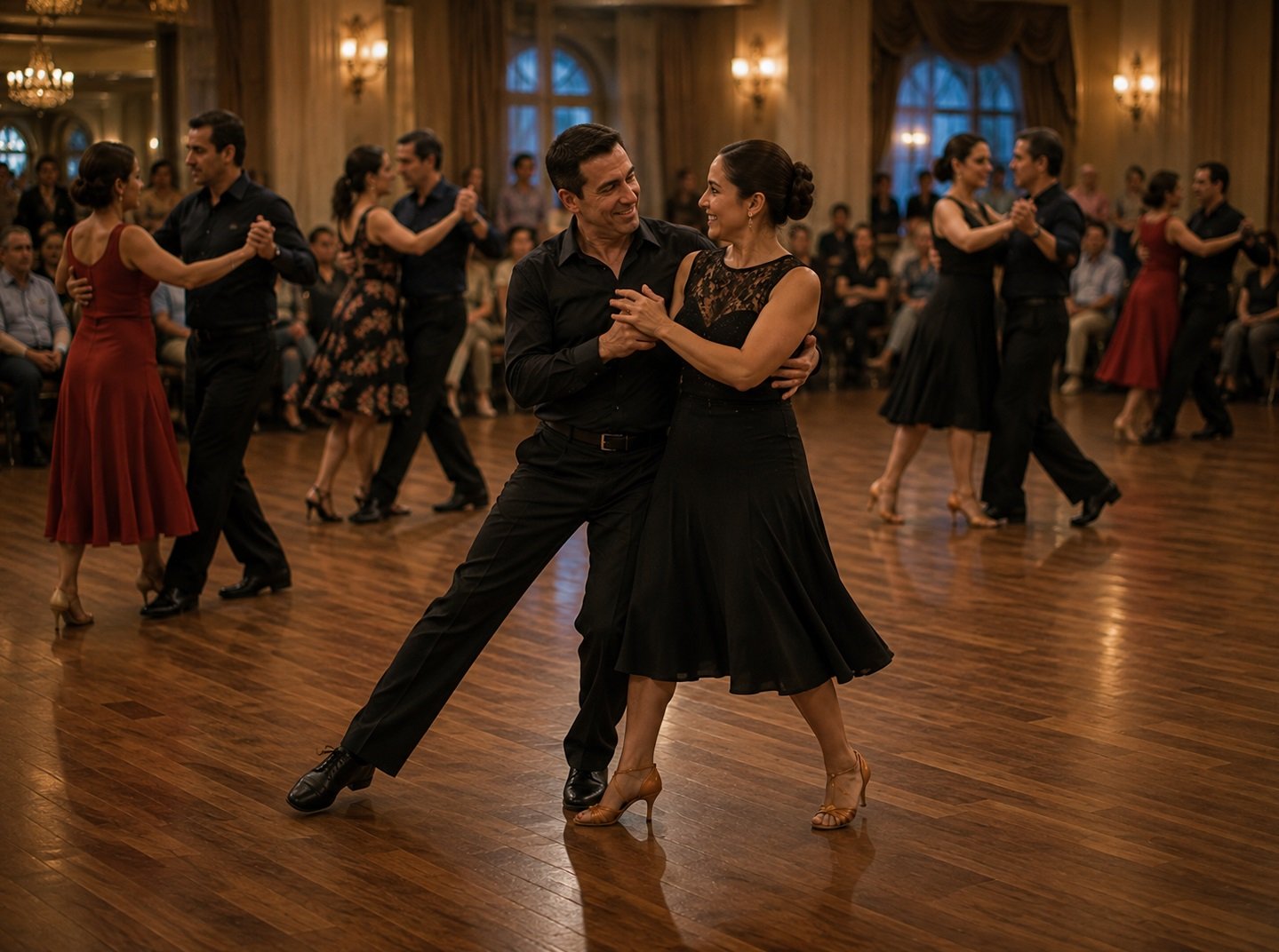 Casal sorrindo e continuando a dança mesmo executando um passo diferente dos demais