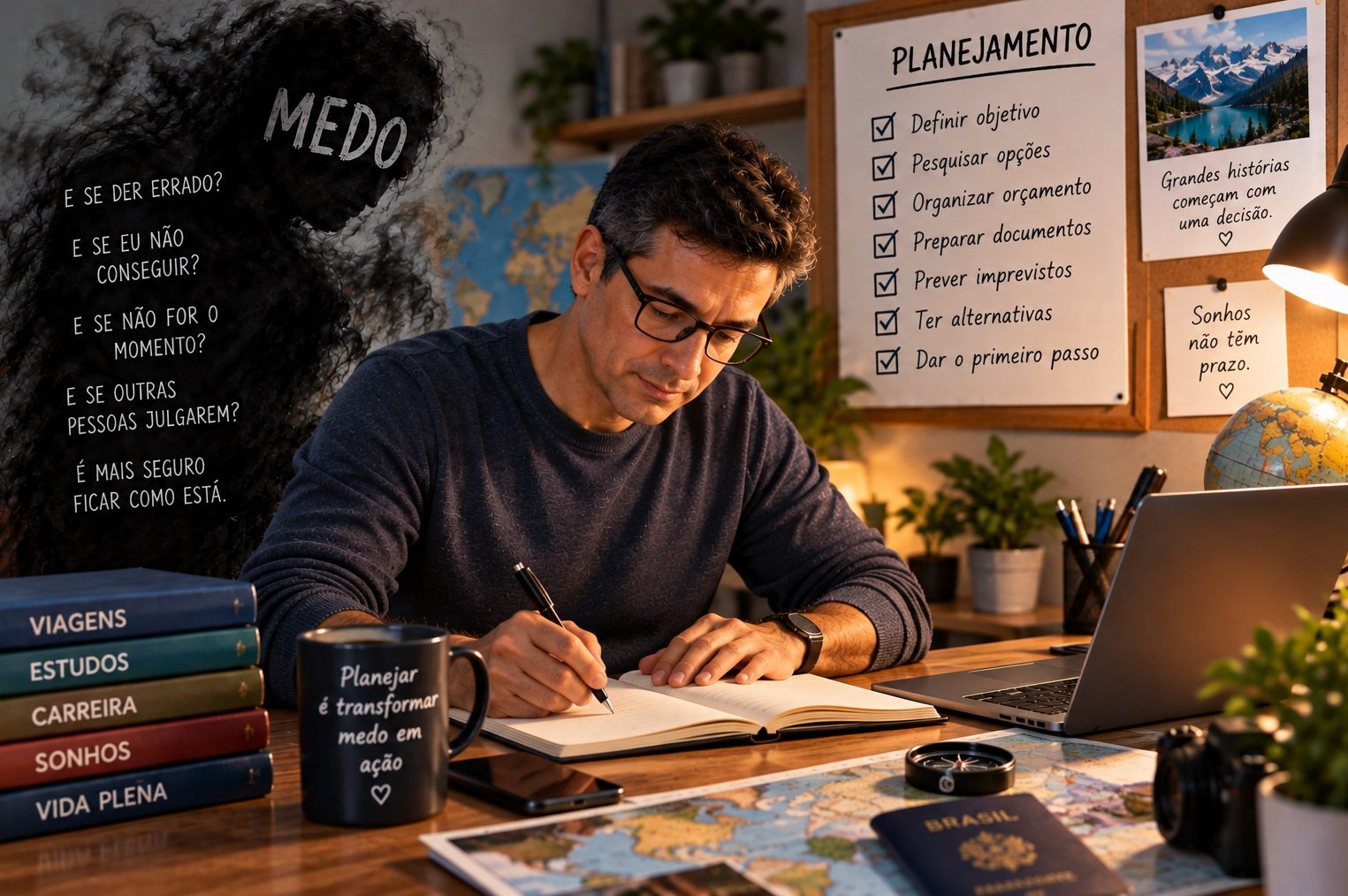 Homem fazendo anotações e planejando seus próximos passos diante do medo